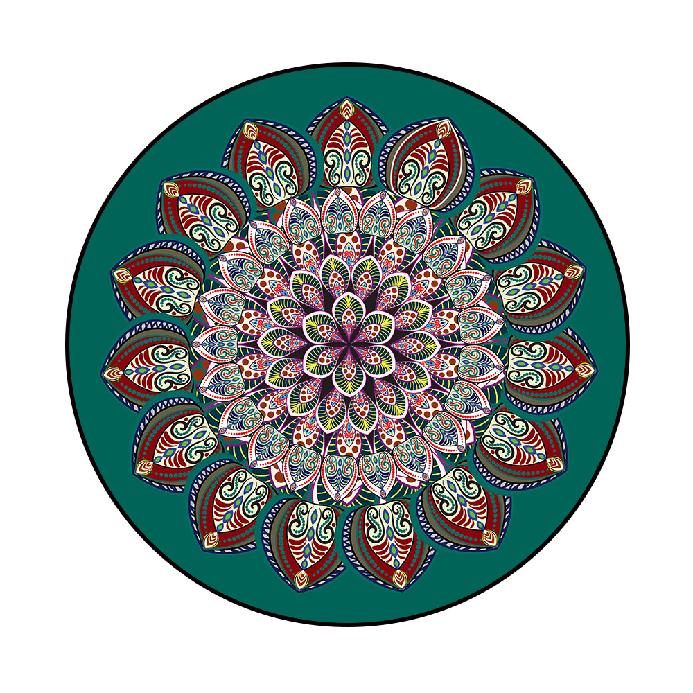 Multi Color Datura Geometric Flower Ethnic Terry Velvet Bedroom Living Room Circular Carpet Floor Mat