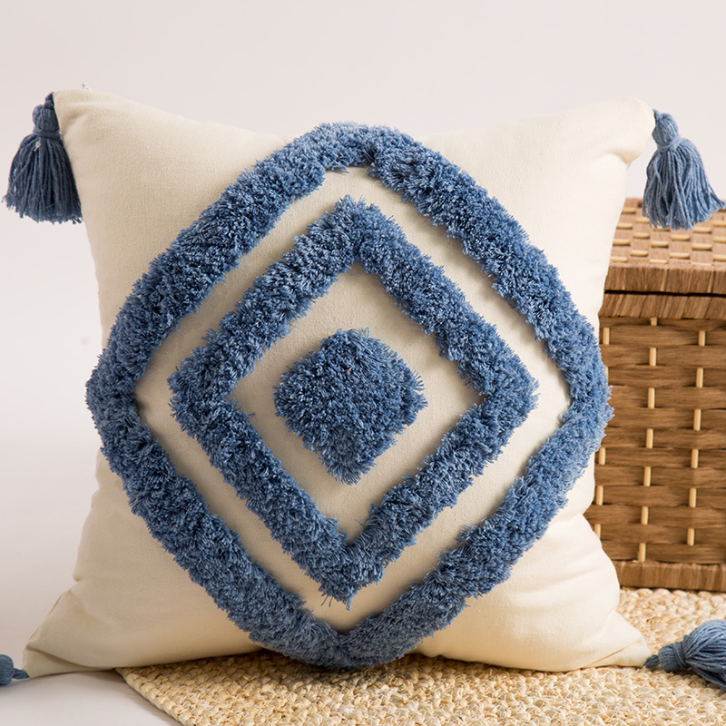 Tufted Embroidered Square Pillow, Embroidered Back Grid Tassel Sofa Waist Backrest - Image 2