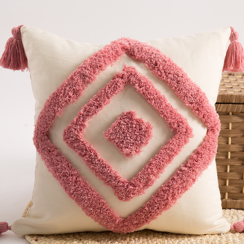 Tufted Embroidered Square Pillow, Embroidered Back Grid Tassel Sofa Waist Backrest - Image 3