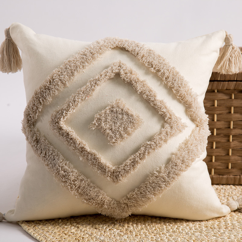Tufted Embroidered Square Pillow, Embroidered Back Grid Tassel Sofa Waist Backrest - Image 4