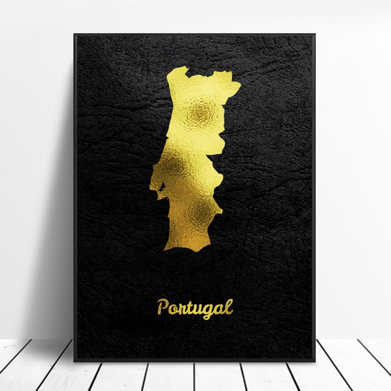 Portugal Gold Map Canvas Art Painting Poster Living Room Decor