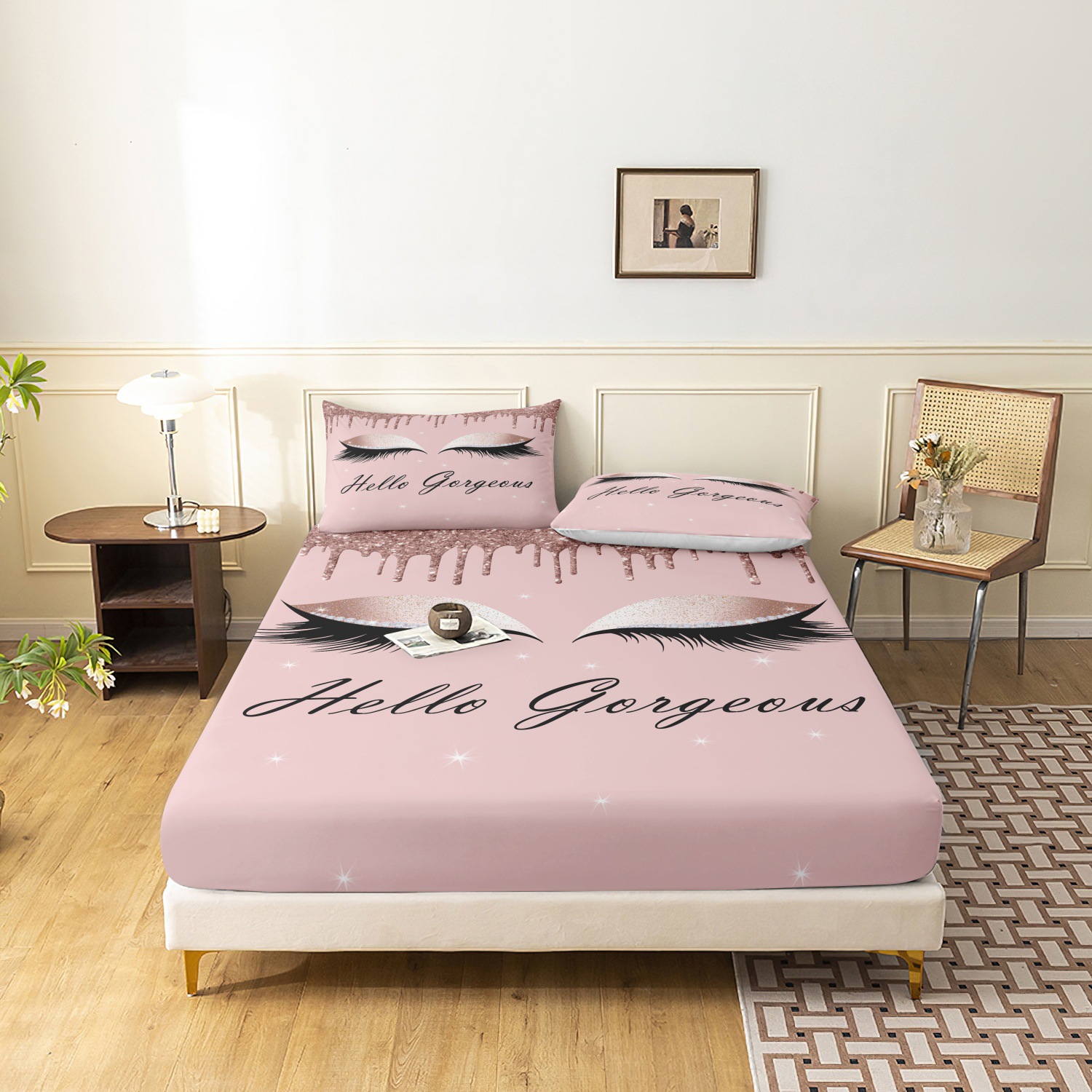 Haute Couture Makeup Blogger Style Eyelash Pattern Fitted Sheet Three Piece Set Girls Heart Design