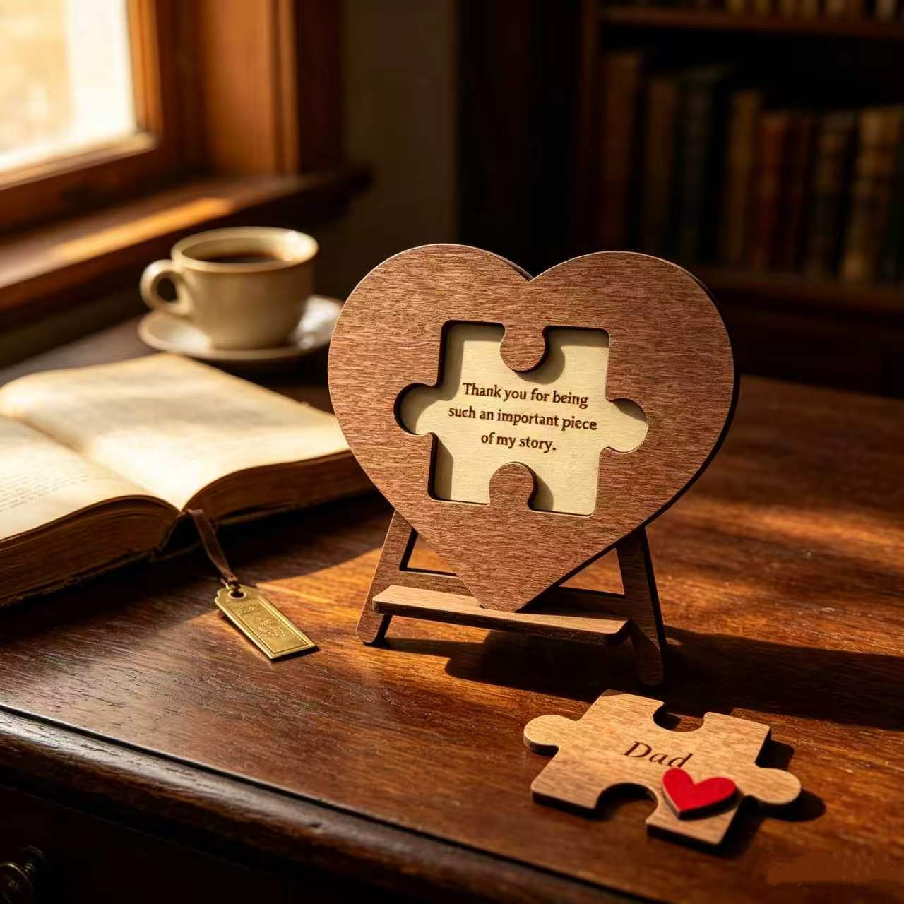 Wooden Heart Puzzle Sign For Dad, Father's Day Gift Engraved Wood Heart Puzzle Desk Decor Thank You Dad Keepsake Ornament
