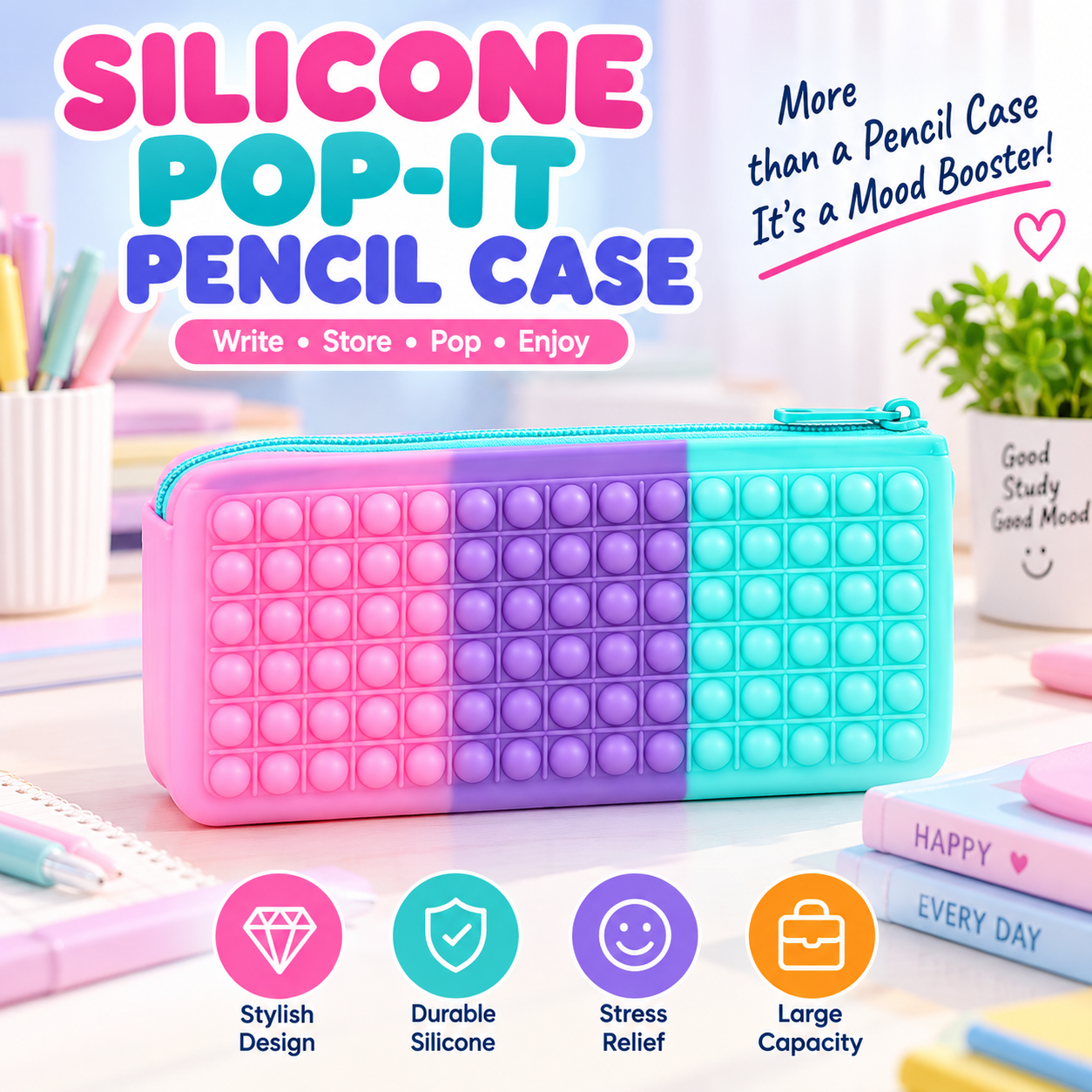 Silicone Pencil Case Large Capacity Fidget Pencil Pouch Color Block Zipper Stationery Bag For School