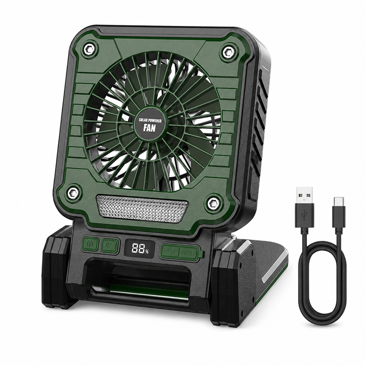 Solar Powered Rechargeable Battery Display Power Bank Function Portable Fan F3 Green  Camping Lantern