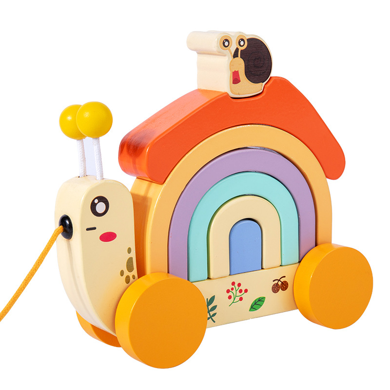 Wooden Children's Leash Snail Trailer Rainbow Building Blocks - Image 3