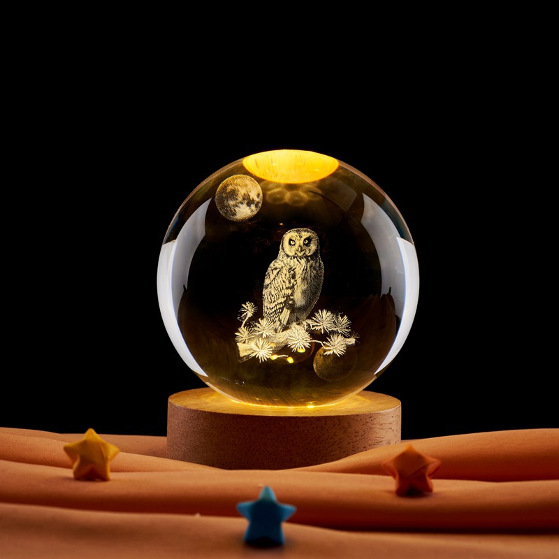 Owl Crystal Ball Luminous 3D Stereo Night Light Ornament Animal Gift Present