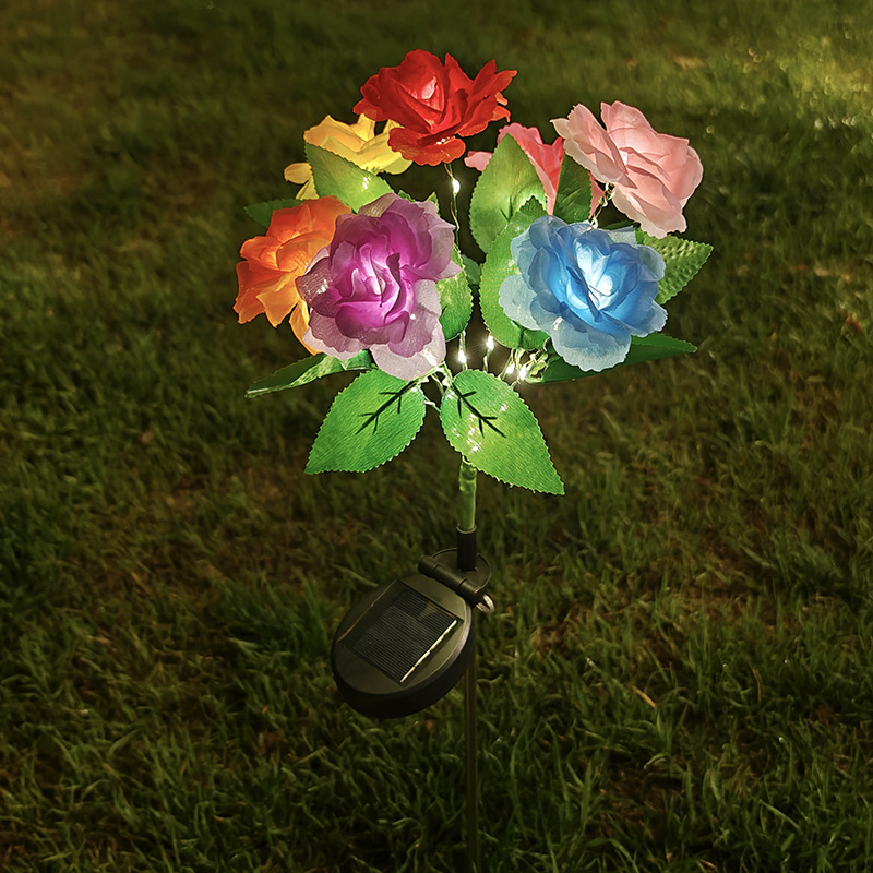 New Realistic LED Ground-insertion Ambient Lighting For Courtyards A 7-head Colorful Solar-powered Rose Decorative Lamp