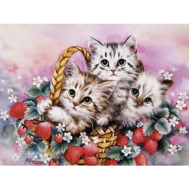 Three Diamond Cat Mosaic Basket Rhinestone Cross Stitch Embroidery