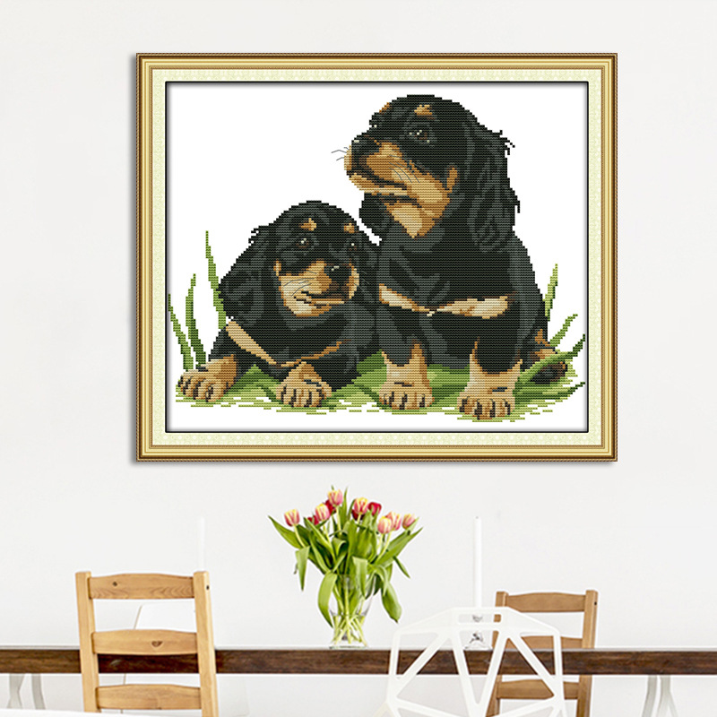 Two puppies hand cloth cross stitch