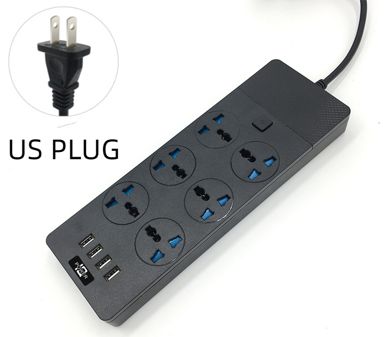 New 3000W Power Strip With Built-in 4USB Interface, 6 Direct Power Sockets, 2M Cable, High-power Strip