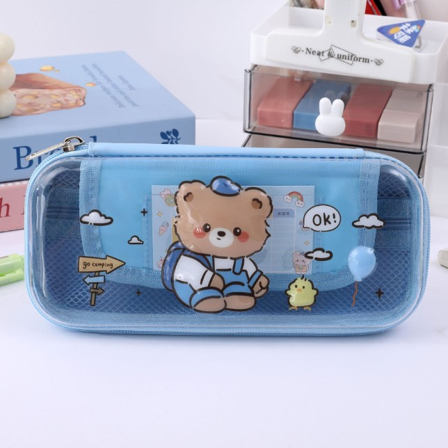 Transparent Grid Pencil Case-Blue-1 piece