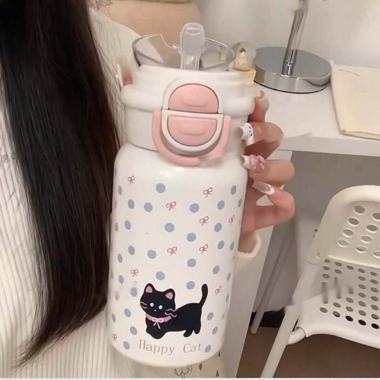 Cute Black Cat Good-looking Vacuum Cup Girls Children Students Large Capacity With Straw - Image 5