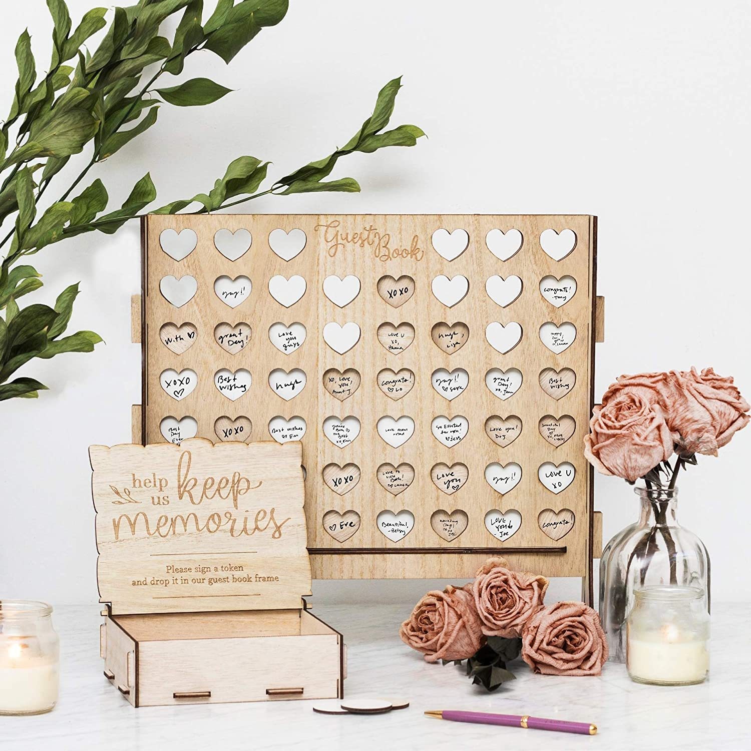 Wooden Heart Wedding Guest Book, Rustic Drop Box Sign Board With Keepsake Hearts