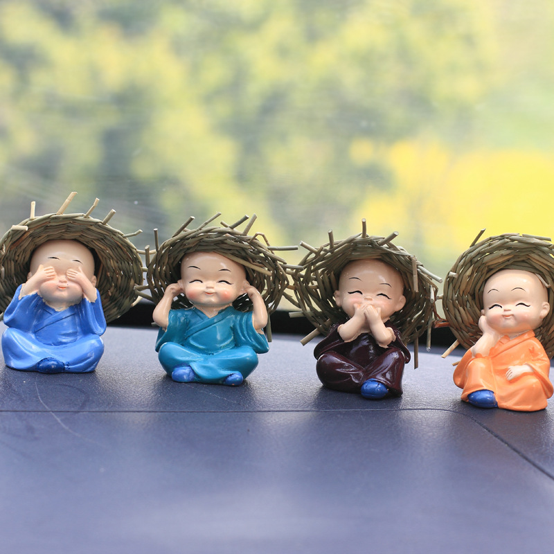 Cute Little Novice Monk In A Straw Hat Car Decor And Resin Craft For Home Furnishings