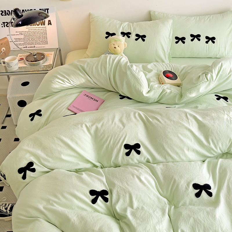 Super Soft Washed Cotton Towel Embroidery Girl's Heart Bow Quilt Cover