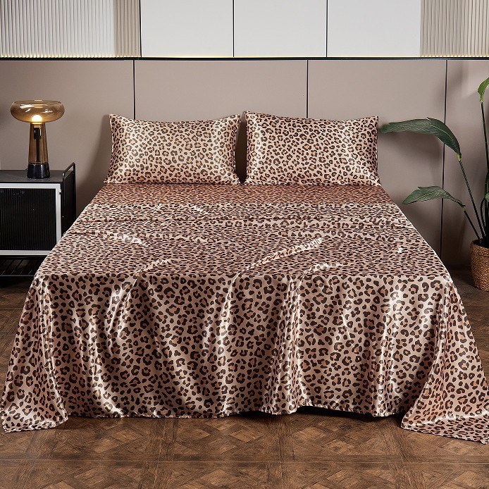 Satin Artificial Silk Printing Bed Sheet Fitted Sheet Pillowcase Digital Printing Silver Leopard Four-piece Set - Image 2