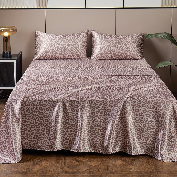 Satin Artificial Silk Printing Bed Sheet Fitted Sheet Pillowcase Digital Printing Silver Leopard Four-piece Set - Image 3