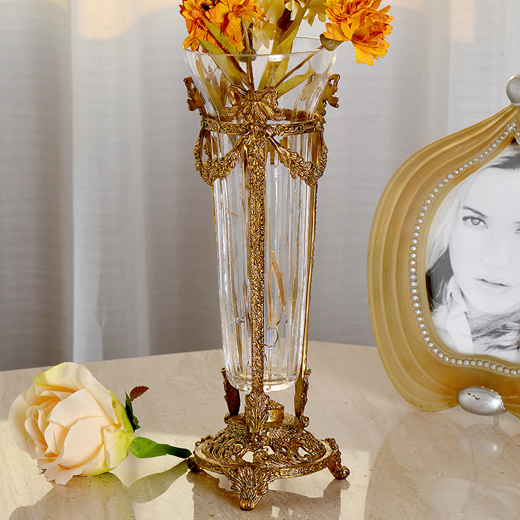 Crystal Glass And Copper Inlay Flower Vase Home Decor Desktop Ornament Luxurious Living Room Flower Arrangement Vessel