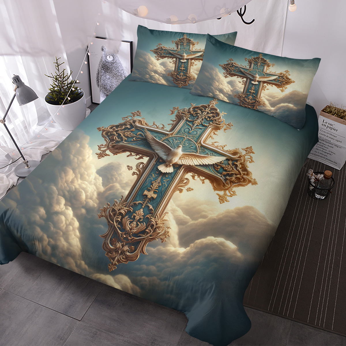 Comforter Cover Set, Religious Cross Bird 3-Piece Bedding Set For Boys Girls Teens Modern Soft Microfiber Bedroom Set Room Decor, 1 Duvet Cover And 2 Pillowcases